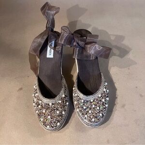 Steve Madden Bommbay Brown Beaded Espadrilles Wedge Ankle Tie Women’s US 9B